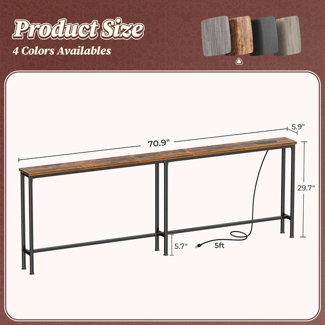 Alt view image 3 of 7 - 70.8 Inch Console Table, Skinny Sofa Table with Charging Station | Narrow Behind Couch Table with Outlet, for Living Room, Sofa Back,Rustic Brown