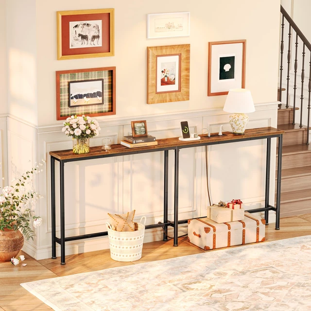Alt view image 5 of 7 - 70.8 Inch Console Table, Skinny Sofa Table with Charging Station | Narrow Behind Couch Table with Outlet, for Living Room, Sofa Back,Rustic Brown