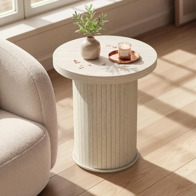 Main image of Round Side Table, Tambour End Table, Mid Century Modern Nightstand | Easy Assembly, for Small Spaces, Living Room, Bedroom, Home Office, 17.7 x 19.7 Inches, Travertine Beige ULET295L101