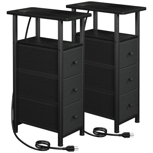 Main image of Narrow End Tables Living Room Set of 2 with Charging Station | Slim Nightstand with 3 Fabric Drawers for Bedroom, Narrow Side Table with Type-C for Small Spaces, Black