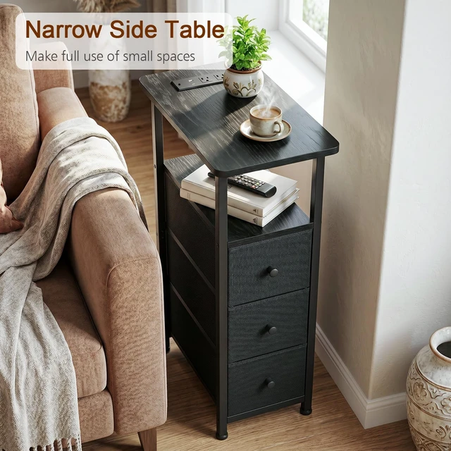 Alt view image 2 of 7 - Narrow End Tables Living Room Set of 2 with Charging Station | Slim Nightstand with 3 Fabric Drawers for Bedroom, Narrow Side Table with Type-C for Small Spaces, Black