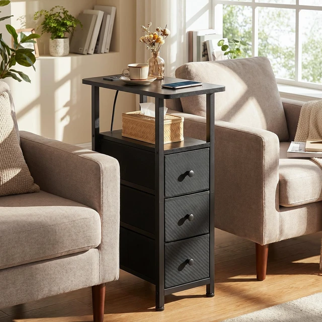 Alt view image 5 of 7 - Narrow End Tables Living Room Set of 2 with Charging Station | Slim Nightstand with 3 Fabric Drawers for Bedroom, Narrow Side Table with Type-C for Small Spaces, Black