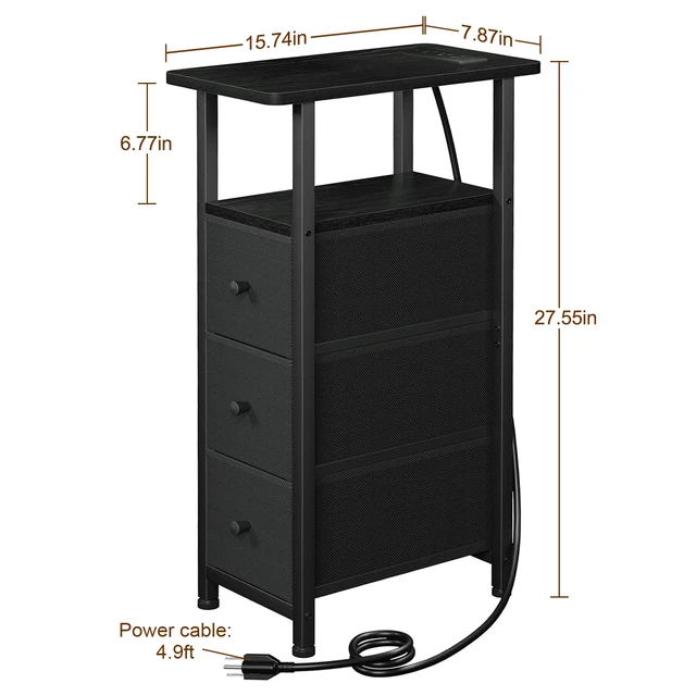 Alt view image 4 of 7 - Narrow End Tables Living Room Set of 2 with Charging Station | Slim Nightstand with 3 Fabric Drawers for Bedroom, Narrow Side Table with Type-C for Small Spaces, Black