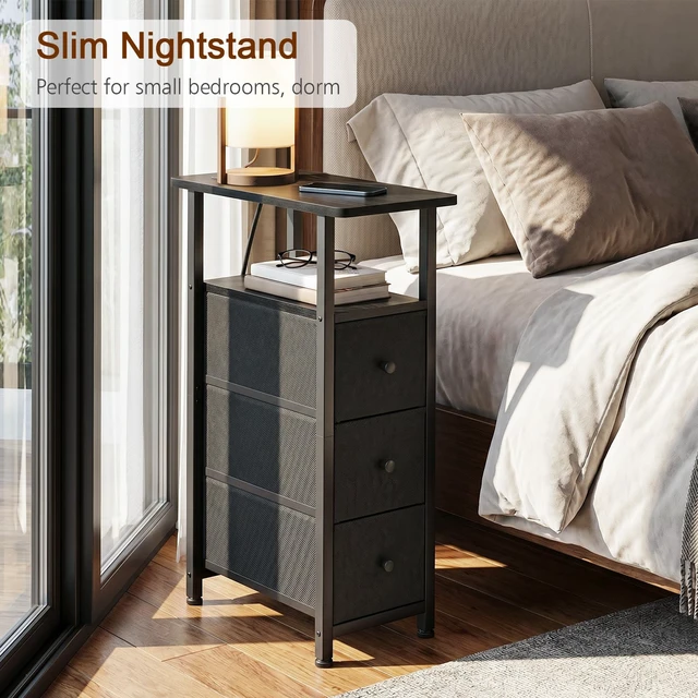 Alt view image 6 of 7 - Narrow End Tables Living Room Set of 2 with Charging Station | Slim Nightstand with 3 Fabric Drawers for Bedroom, Narrow Side Table with Type-C for Small Spaces, Black