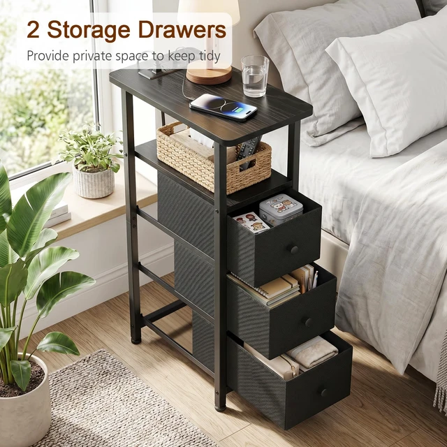 Alt view image 7 of 7 - Narrow End Tables Living Room Set of 2 with Charging Station | Slim Nightstand with 3 Fabric Drawers for Bedroom, Narrow Side Table with Type-C for Small Spaces, Black