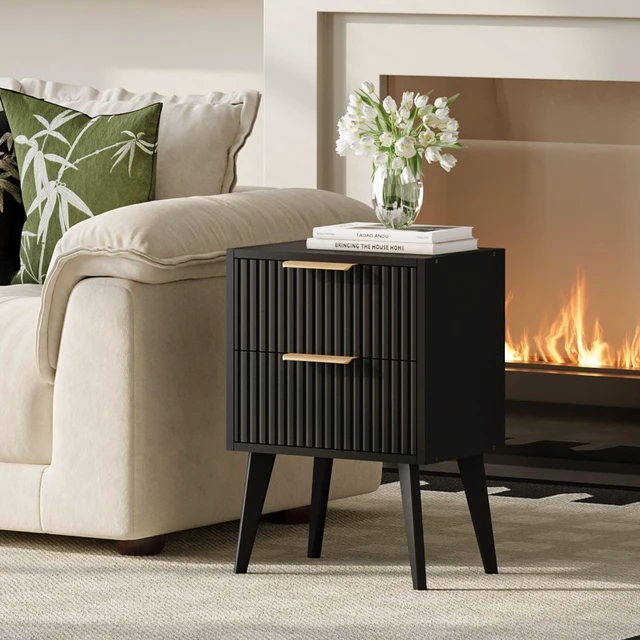 Main image of Fluted Nightstand with 2 Drawers,Black Bedside Table | Mid Century Modern Night Stand,Metal Handles,Side Table with Solid Wood Legs,End Table for Living Room,Bedroom,Small Spcae