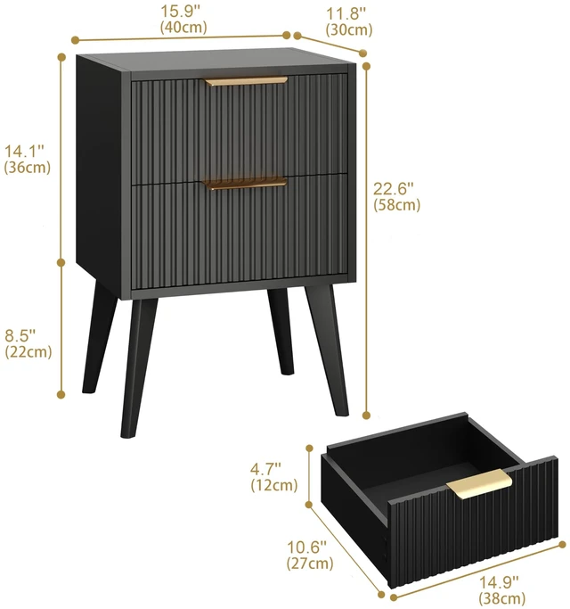 Alt view image 2 of 6 - Fluted Nightstand with 2 Drawers,Black Bedside Table | Mid Century Modern Night Stand,Metal Handles,Side Table with Solid Wood Legs,End Table for Living Room,Bedroom,Small Spcae