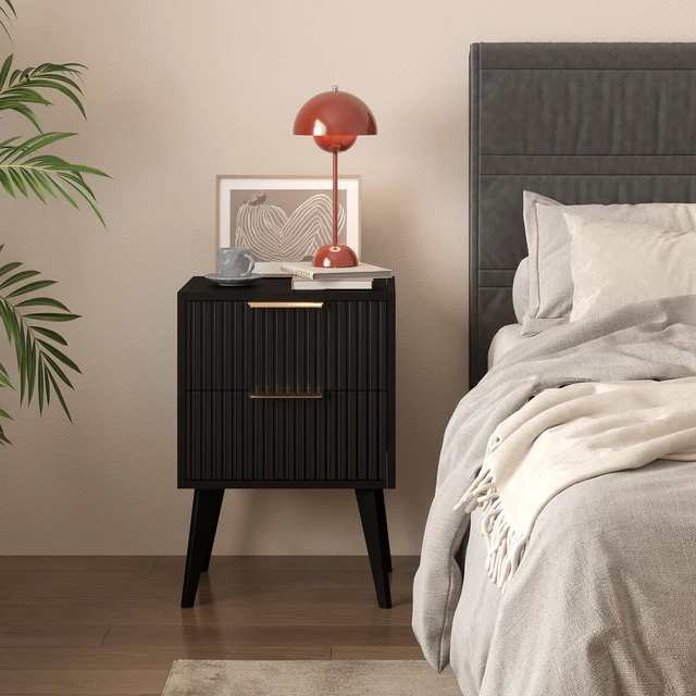 Alt view image 3 of 6 - Fluted Nightstand with 2 Drawers,Black Bedside Table | Mid Century Modern Night Stand,Metal Handles,Side Table with Solid Wood Legs,End Table for Living Room,Bedroom,Small Spcae