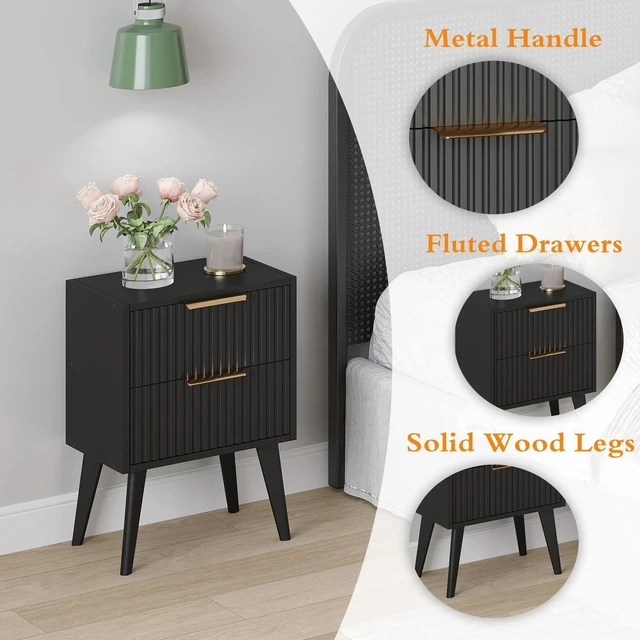 Alt view image 4 of 6 - Fluted Nightstand with 2 Drawers,Black Bedside Table | Mid Century Modern Night Stand,Metal Handles,Side Table with Solid Wood Legs,End Table for Living Room,Bedroom,Small Spcae