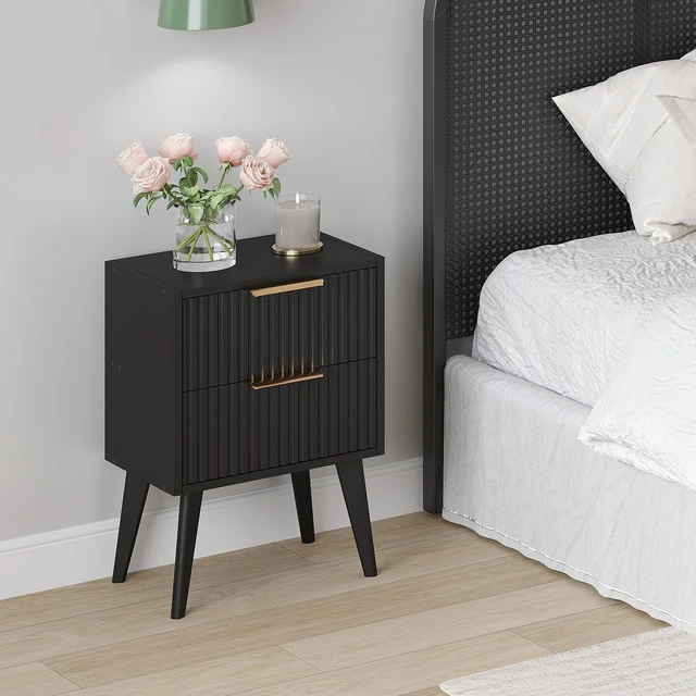 Alt view image 6 of 6 - Fluted Nightstand with 2 Drawers,Black Bedside Table | Mid Century Modern Night Stand,Metal Handles,Side Table with Solid Wood Legs,End Table for Living Room,Bedroom,Small Spcae