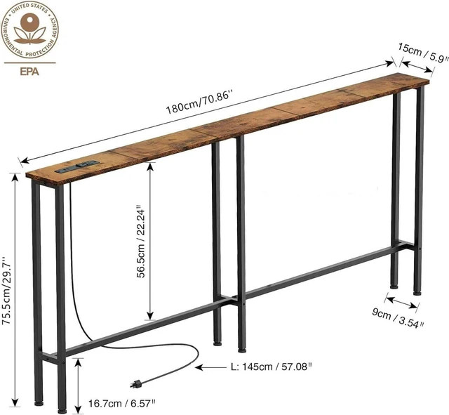 Alt view image 2 of 6 - 70" Narrow Console Sofa Table with Power Outlets & 2 USB Ports | Metal Frame, Perfect for Hallway, Office, and Behind Couch Table - Easy Assembly, 4.9" Extension Cord Included