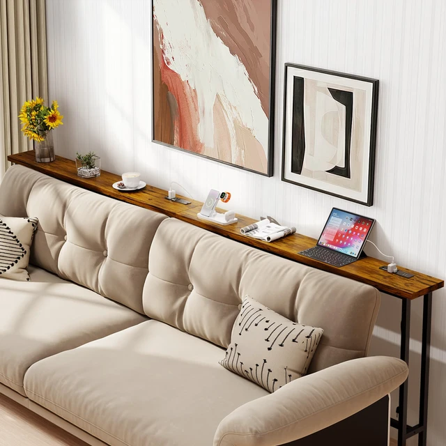 Alt view image 2 of 7 - 90" Sofa Table with Built-in Power Strip (4 AC Outlets & 4 USB Ports) 4.9ft Power Cord, Metal Frame, Easy Assembly, Long Couch Table Behind Sofa, Living Room and Home Office | Rustic Brown