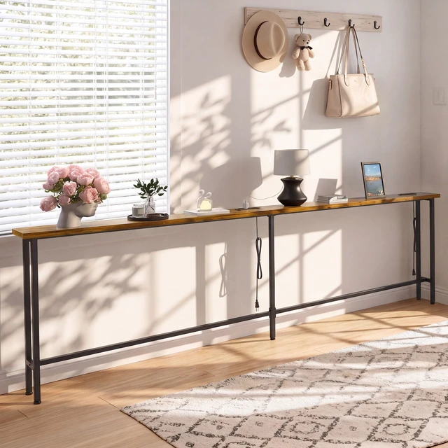 Alt view image 5 of 7 - 90" Sofa Table with Built-in Power Strip (4 AC Outlets & 4 USB Ports) 4.9ft Power Cord, Metal Frame, Easy Assembly, Long Couch Table Behind Sofa, Living Room and Home Office | Rustic Brown