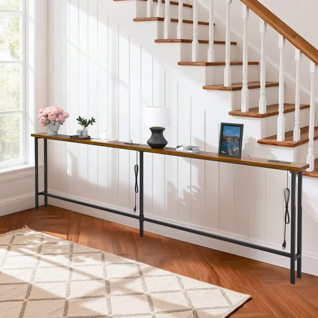 Alt view image 6 of 7 - 90" Sofa Table with Built-in Power Strip (4 AC Outlets & 4 USB Ports) 4.9ft Power Cord, Metal Frame, Easy Assembly, Long Couch Table Behind Sofa, Living Room and Home Office | Rustic Brown