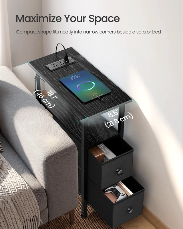 Alt view image 2 of 6 - Side Table with LED Light, Narrow End Table with 2 Fabric Drawers | Bedside Nightstand with Charging Station for Small Space, Set of 2, Living Room, Ink Black, BELLAH Collection ULGS012B101