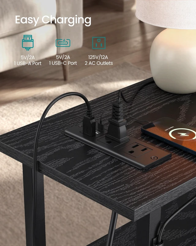 Alt view image 3 of 6 - Side Table with LED Light, Narrow End Table with 2 Fabric Drawers | Bedside Nightstand with Charging Station for Small Space, Set of 2, Living Room, Ink Black, BELLAH Collection ULGS012B101