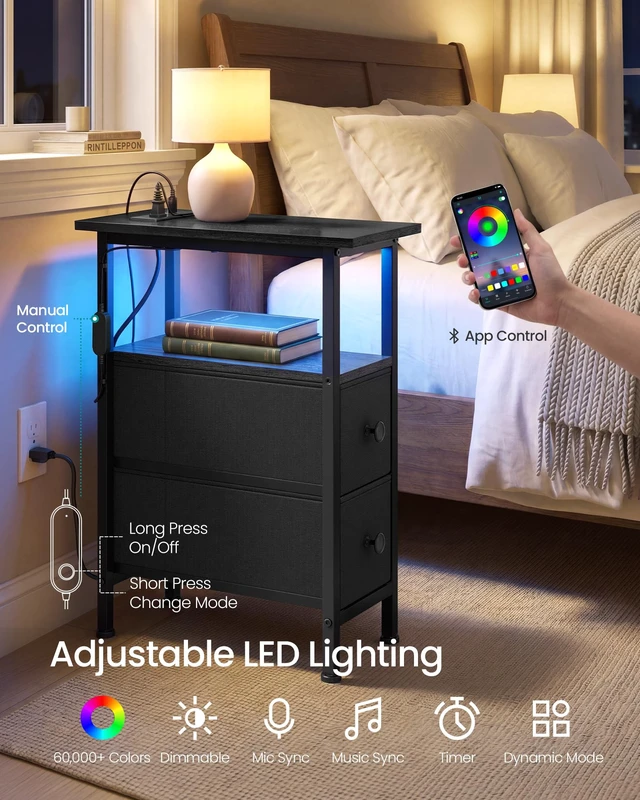 Alt view image 4 of 6 - Side Table with LED Light, Narrow End Table with 2 Fabric Drawers | Bedside Nightstand with Charging Station for Small Space, Set of 2, Living Room, Ink Black, BELLAH Collection ULGS012B101