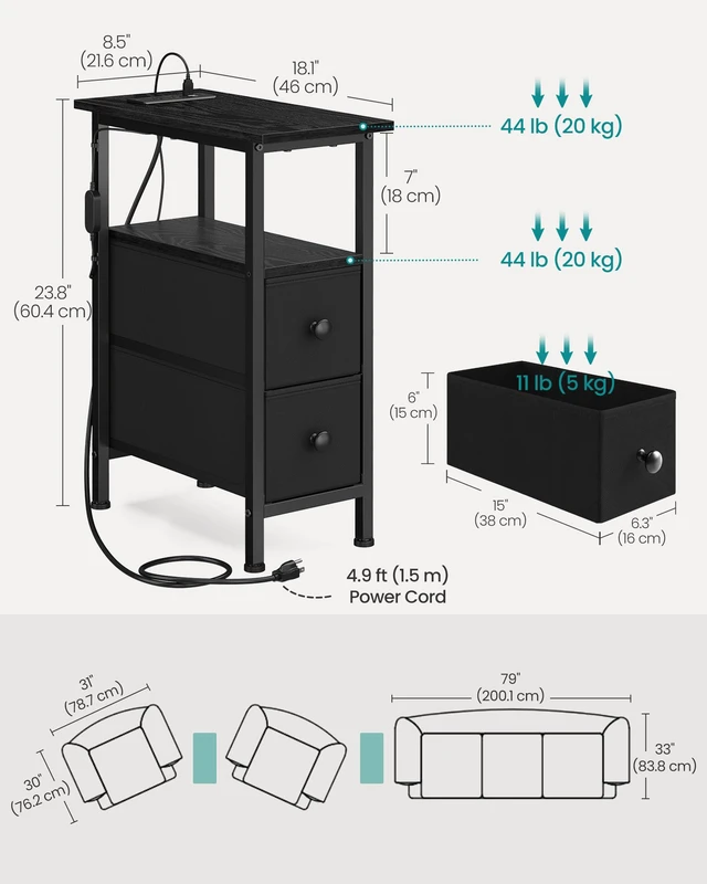 Alt view image 5 of 6 - Side Table with LED Light, Narrow End Table with 2 Fabric Drawers | Bedside Nightstand with Charging Station for Small Space, Set of 2, Living Room, Ink Black, BELLAH Collection ULGS012B101