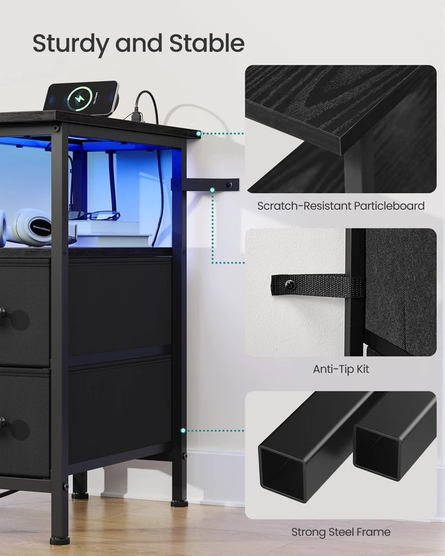 Alt view image 6 of 6 - Side Table with LED Light, Narrow End Table with 2 Fabric Drawers | Bedside Nightstand with Charging Station for Small Space, Set of 2, Living Room, Ink Black, BELLAH Collection ULGS012B101