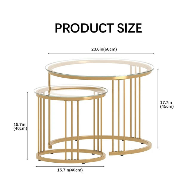 Alt view image 2 of 7 - Nesting Coffee Table, 23.6" Round Coffee Table Set of 2, Glass Nesting Table with Metal Frame, Ceter Tables for Living Room Bedroom Balcony, Gold