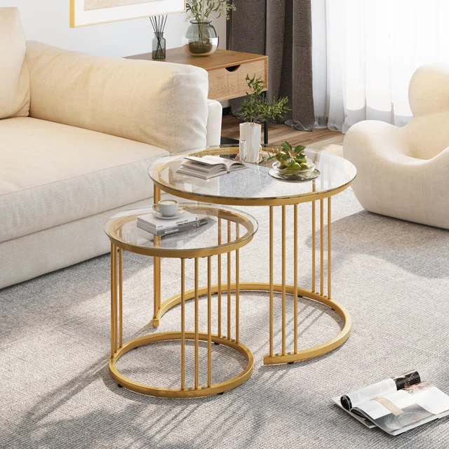 Alt view image 3 of 7 - Nesting Coffee Table, 23.6" Round Coffee Table Set of 2, Glass Nesting Table with Metal Frame, Ceter Tables for Living Room Bedroom Balcony, Gold
