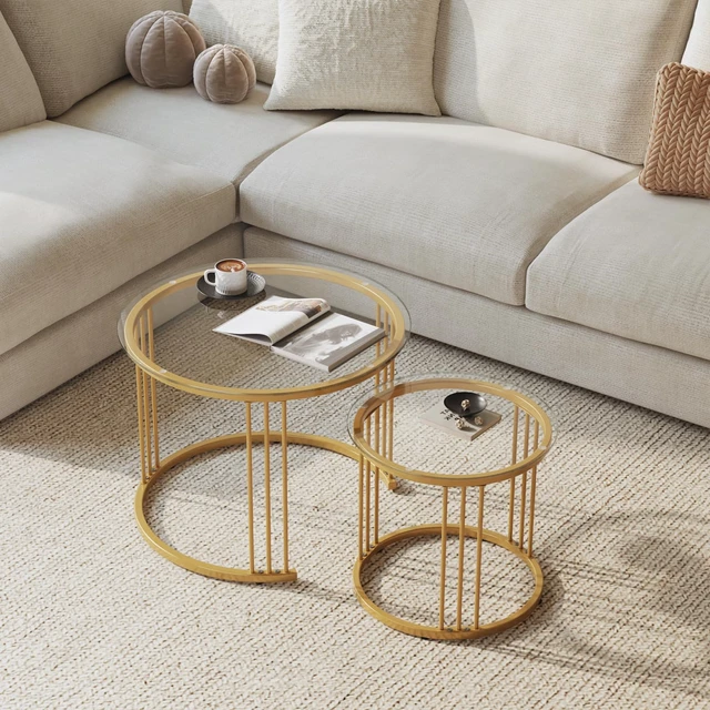 Alt view image 4 of 7 - Nesting Coffee Table, 23.6" Round Coffee Table Set of 2, Glass Nesting Table with Metal Frame, Ceter Tables for Living Room Bedroom Balcony, Gold