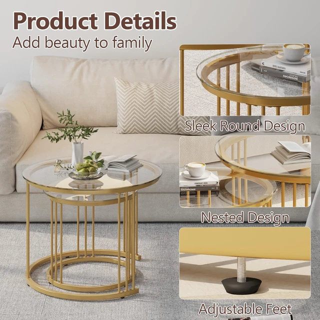 Alt view image 6 of 7 - Nesting Coffee Table, 23.6" Round Coffee Table Set of 2, Glass Nesting Table with Metal Frame, Ceter Tables for Living Room Bedroom Balcony, Gold