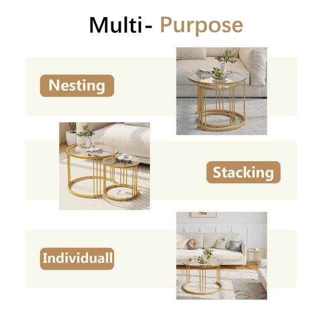 Alt view image 7 of 7 - Nesting Coffee Table, 23.6" Round Coffee Table Set of 2, Glass Nesting Table with Metal Frame, Ceter Tables for Living Room Bedroom Balcony, Gold