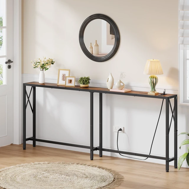 Alt view image 2 of 7 - 70" Sofa Table Behind Couch with Oulets-Narrow Console Table,Brown | Industrial Style, Long Skinny Design,Couch Table for Hallway,Living Room,Bedroom, Built-In Power Outlets & USB, 172cm Length