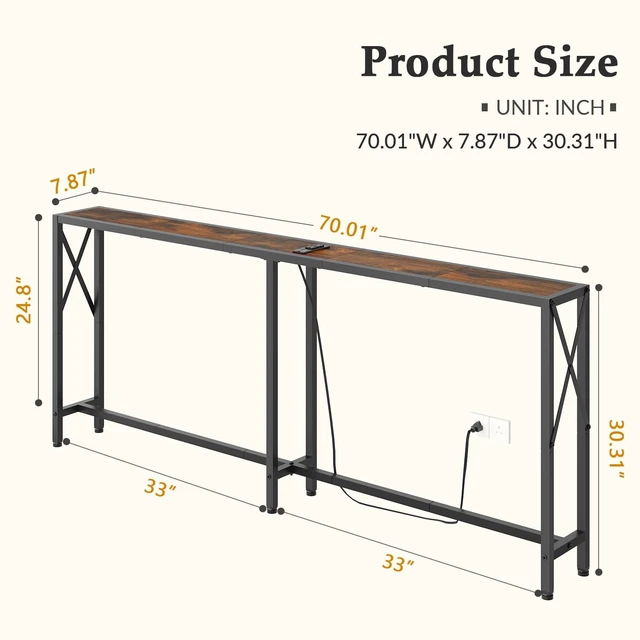 Alt view image 3 of 7 - 70" Sofa Table Behind Couch with Oulets-Narrow Console Table,Brown | Industrial Style, Long Skinny Design,Couch Table for Hallway,Living Room,Bedroom, Built-In Power Outlets & USB, 172cm Length