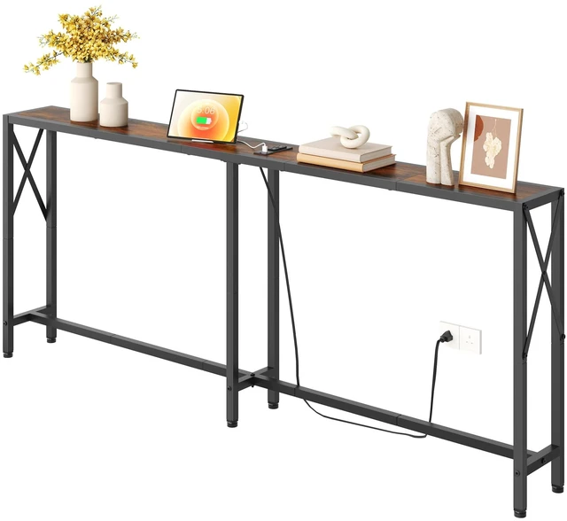 Main image of 70" Sofa Table Behind Couch with Oulets-Narrow Console Table,Brown | Industrial Style, Long Skinny Design,Couch Table for Hallway,Living Room,Bedroom, Built-In Power Outlets & USB, 172cm Length