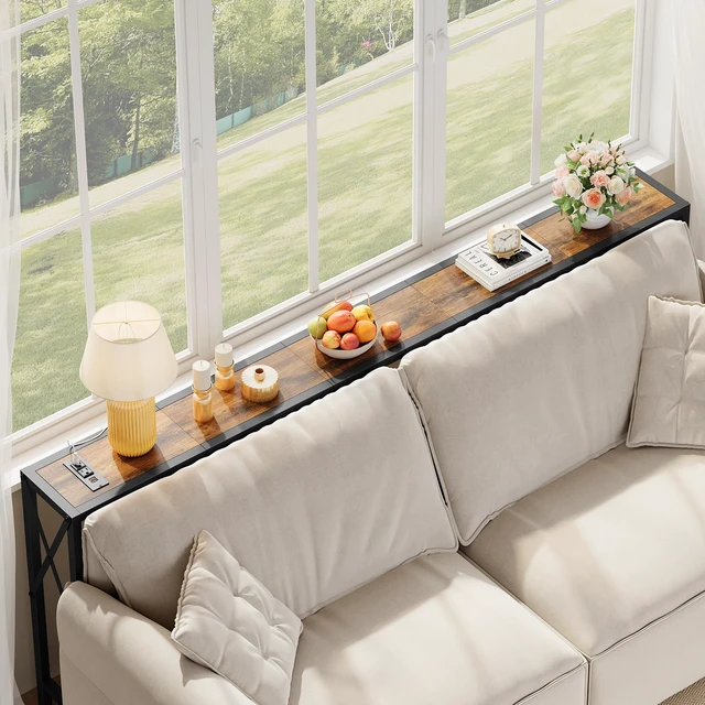 Alt view image 4 of 7 - 70" Sofa Table Behind Couch with Oulets-Narrow Console Table,Brown | Industrial Style, Long Skinny Design,Couch Table for Hallway,Living Room,Bedroom, Built-In Power Outlets & USB, 172cm Length
