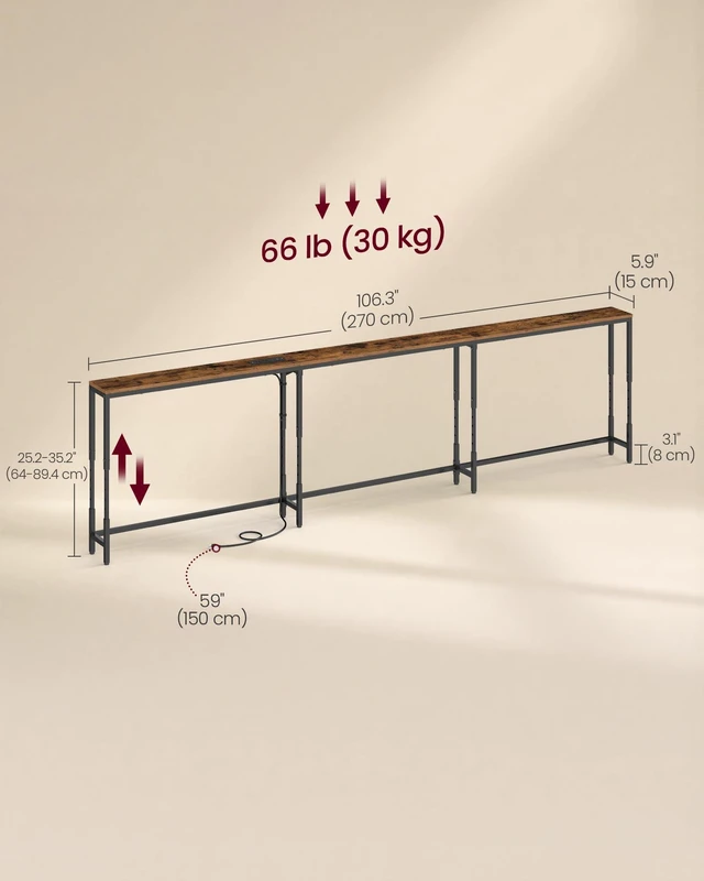 Alt view image 5 of 5 - 106.3"Console Table, 25.2-35.2"Height Adjustable, with Power Outlet | Narrow Behind Couch Table, Sofa Table Easy Assembly, Rustic Brown and Matte Black, BARNET Collection ULNT189K101