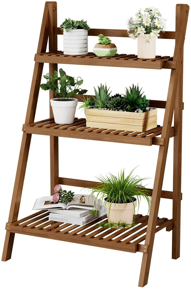 Main image of Ladder Shelf, Foldable Plant Shelf Stand, 3-Tier Bamboo Bookshelf, 39.4In | Folding Ladder Shelf Freestanding Bookcase, 23.6"W x 15"D x 39.4"H, Plant Ladder Stand Display Rack for Small Space, Walnut