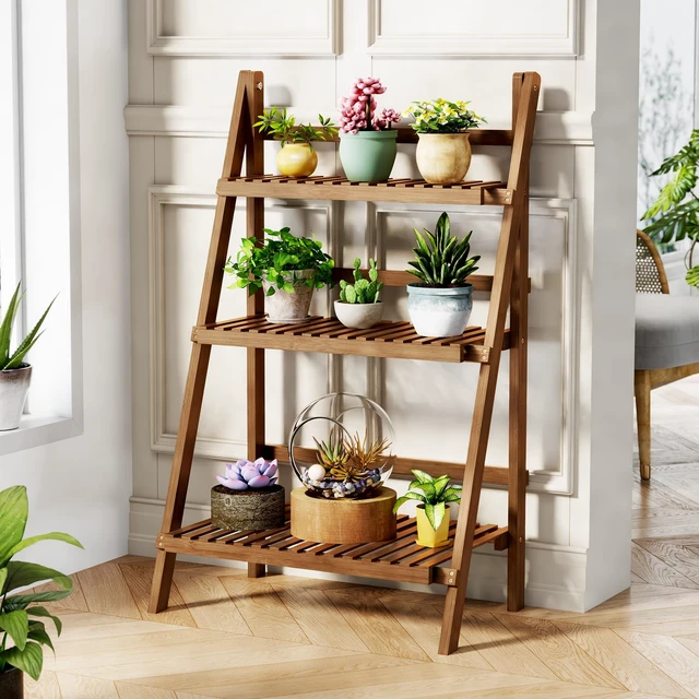 Alt view image 2 of 7 - Ladder Shelf, Foldable Plant Shelf Stand, 3-Tier Bamboo Bookshelf, 39.4In | Folding Ladder Shelf Freestanding Bookcase, 23.6"W x 15"D x 39.4"H, Plant Ladder Stand Display Rack for Small Space, Walnut