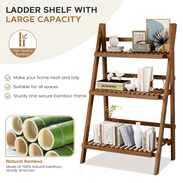 Alt view image 3 of 7 - Ladder Shelf, Foldable Plant Shelf Stand, 3-Tier Bamboo Bookshelf, 39.4In | Folding Ladder Shelf Freestanding Bookcase, 23.6"W x 15"D x 39.4"H, Plant Ladder Stand Display Rack for Small Space, Walnut