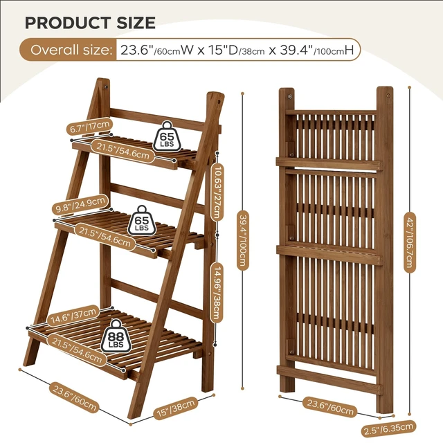Alt view image 4 of 7 - Ladder Shelf, Foldable Plant Shelf Stand, 3-Tier Bamboo Bookshelf, 39.4In | Folding Ladder Shelf Freestanding Bookcase, 23.6"W x 15"D x 39.4"H, Plant Ladder Stand Display Rack for Small Space, Walnut