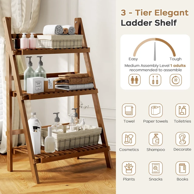 Alt view image 5 of 7 - Ladder Shelf, Foldable Plant Shelf Stand, 3-Tier Bamboo Bookshelf, 39.4In | Folding Ladder Shelf Freestanding Bookcase, 23.6"W x 15"D x 39.4"H, Plant Ladder Stand Display Rack for Small Space, Walnut