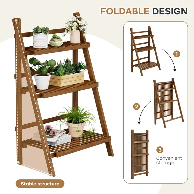 Alt view image 6 of 7 - Ladder Shelf, Foldable Plant Shelf Stand, 3-Tier Bamboo Bookshelf, 39.4In | Folding Ladder Shelf Freestanding Bookcase, 23.6"W x 15"D x 39.4"H, Plant Ladder Stand Display Rack for Small Space, Walnut
