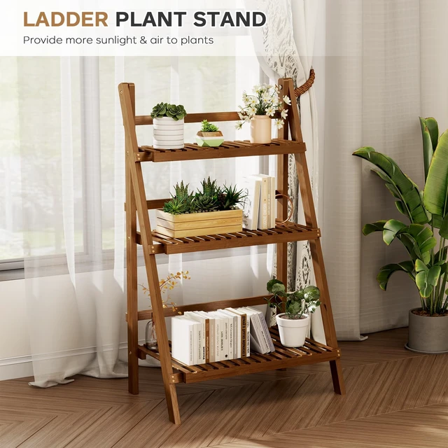 Alt view image 7 of 7 - Ladder Shelf, Foldable Plant Shelf Stand, 3-Tier Bamboo Bookshelf, 39.4In | Folding Ladder Shelf Freestanding Bookcase, 23.6"W x 15"D x 39.4"H, Plant Ladder Stand Display Rack for Small Space, Walnut