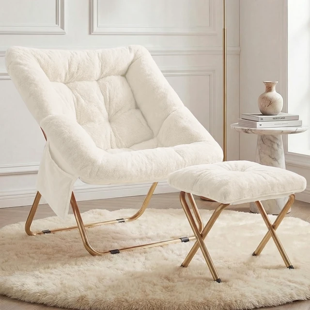 Main image of Comfy Saucer Chair for Adults, Foldable Living Room Chairs, Soft Faux Fur Lounge Chair for Bedroom, Reading Chairs, X-Large (Ottoman-White)
