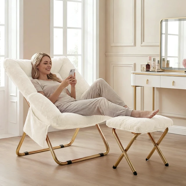 Alt view image 3 of 6 - Comfy Saucer Chair for Adults, Foldable Living Room Chairs, Soft Faux Fur Lounge Chair for Bedroom, Reading Chairs, X-Large (Ottoman-White)