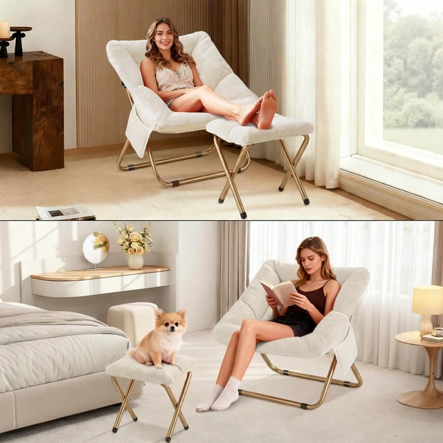 Alt view image 4 of 6 - Comfy Saucer Chair for Adults, Foldable Living Room Chairs, Soft Faux Fur Lounge Chair for Bedroom, Reading Chairs, X-Large (Ottoman-White)