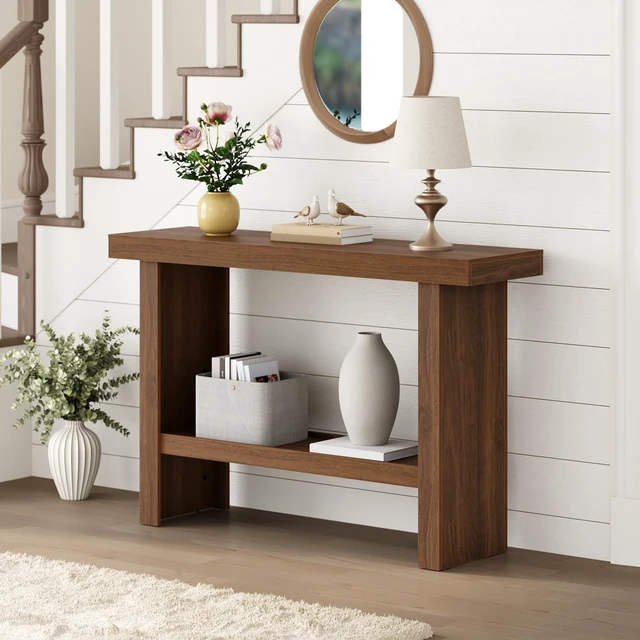 Alt view image 3 of 7 - Modern Console Table, 39.4" Rectangular Entryway Table, Walnut | Narrow Console Table with Storage Shelves, Mid-Century Side Table, for Hallway, Foyer, Corridor, Living Room, Easy Assembly