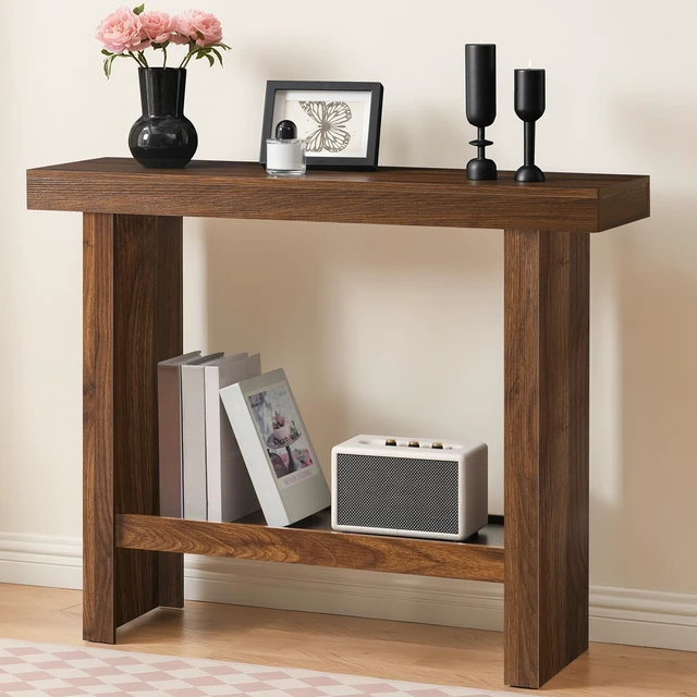 Alt view image 6 of 7 - Modern Console Table, 39.4" Rectangular Entryway Table, Walnut | Narrow Console Table with Storage Shelves, Mid-Century Side Table, for Hallway, Foyer, Corridor, Living Room, Easy Assembly