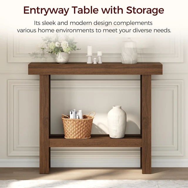 Alt view image 2 of 7 - Modern Console Table, 39.4" Rectangular Entryway Table, Walnut | Narrow Console Table with Storage Shelves, Mid-Century Side Table, for Hallway, Foyer, Corridor, Living Room, Easy Assembly
