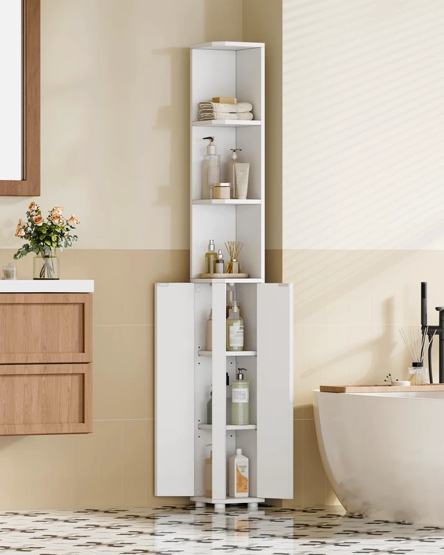 Alt view image 2 of 7 - Corner Cabinet, Tall Bathroom Corner Cabinet with Doors | Narrow Storage Cabinets with Adjustable Shelves, Bathroom Organizers and Storage for Small Space, White BC30003X