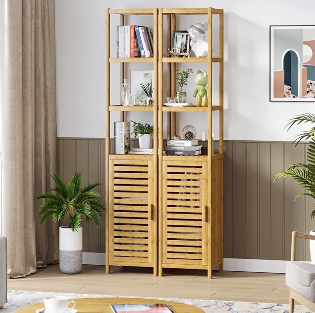 Alt view image 3 of 7 - Storage Tall Slim Cabinet with Shutter Door and 3 Tier Shelves, Freestanding Linen Tower Cabinet for Living Room, Kitchen, Bathroom Organizer, Natural Bamboo