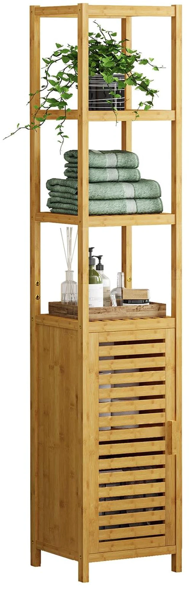 Main image of Storage Tall Slim Cabinet with Shutter Door and 3 Tier Shelves, Freestanding Linen Tower Cabinet for Living Room, Kitchen, Bathroom Organizer, Natural Bamboo