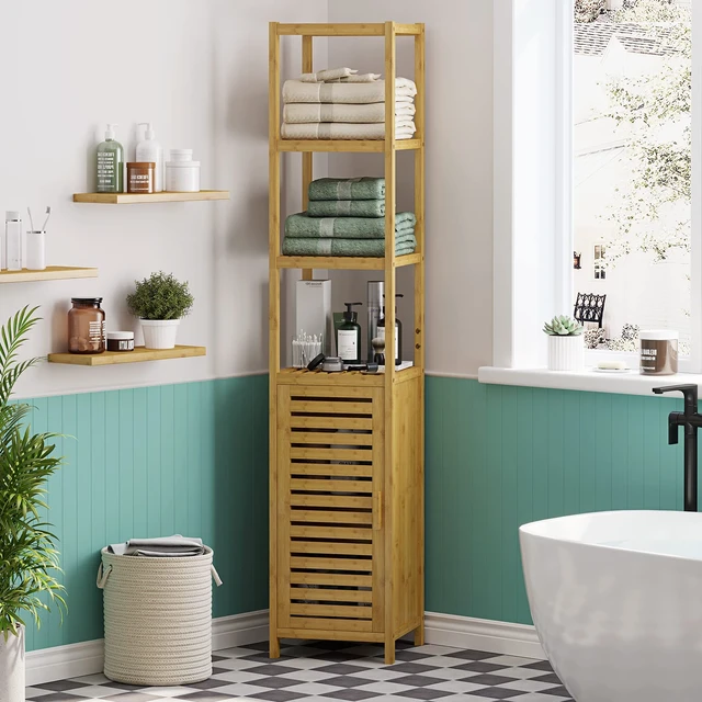 Alt view image 2 of 7 - Storage Tall Slim Cabinet with Shutter Door and 3 Tier Shelves, Freestanding Linen Tower Cabinet for Living Room, Kitchen, Bathroom Organizer, Natural Bamboo